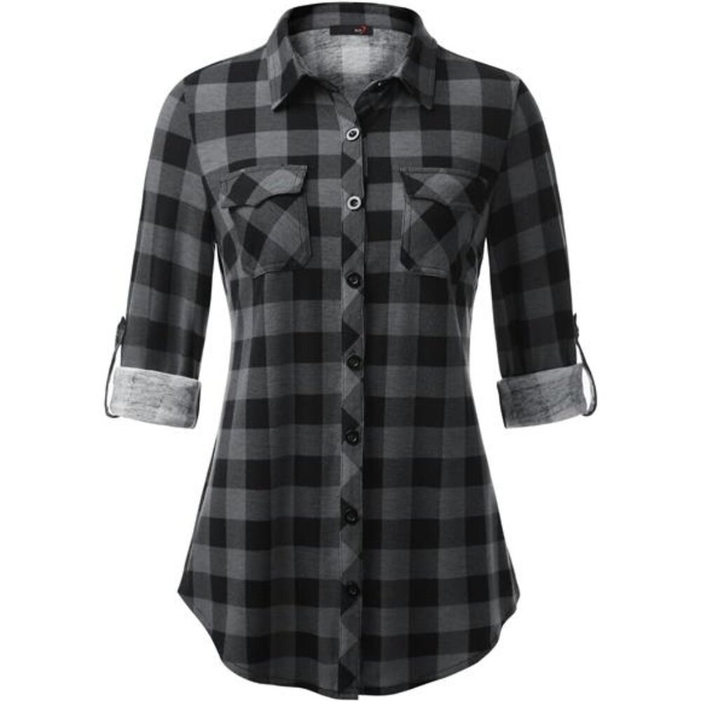 Womens Soft Stretchy Knit Plaid Shirts - Roll Up Long Sleeve Collared Blouses